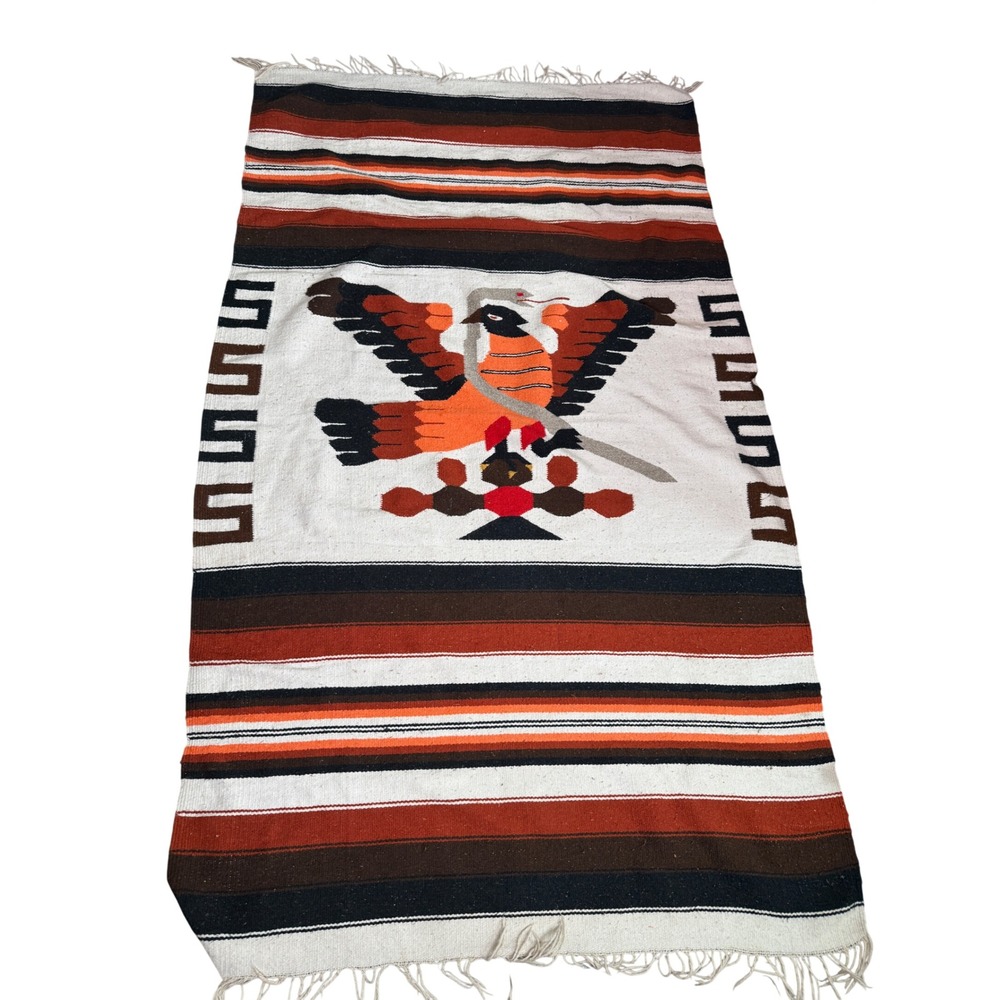 Vtg Mexican Serape Blanket Rug Tapestry Eagle Snake Cactus Aztec 46x88 Fringe